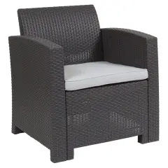 Merrick Lane Malmok Outdoor Furniture Resin Chair Faux Rattan Wicker Pattern Patio Chair With All-Weather Cushion Dark Gray