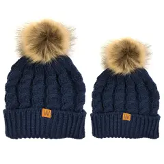 Wrapables Winter Warm Cable Knit Faux Fur Pom Pom Beanie Dark Blue
