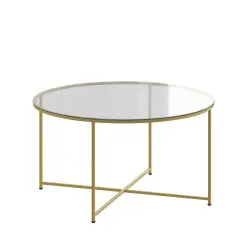 Merrick Lane Fairdale Coffee Table with Round Cross Brace Frame Clear/Brushed Gold