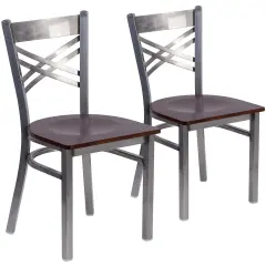 Emma and Oliver 2 Pack Clear Coated "X" Back Metal Restaurant Chair Walnut/ClearCoated