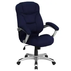 Emma and Oliver High Back Executive Ergonomic Office Chair with Silver Nylon Base and Arms Navy Blue Microfiber