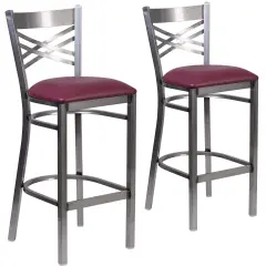 Emma and Oliver 2 Pack Clear Coated "X" Back Metal Restaurant Barstool BurgundyVY/ClearCoat