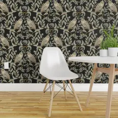 Peel & Stick Wallpaper 2FT Wide Little Owl Damask William Morris Farmhouse Arts And Crafts Birds Of Prey Soft Green Transitional Climbing Vines Custom Removable Wallpaper by Spoonflower