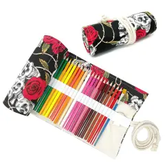 Wrapables Pencil Roll Organizer, Colored Pencil Wrap Pouch (72 slots) Skulls Roses