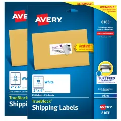 Avery Printable Shipping Labels with Sure Feed, 2" x 4" Customizable Stickers, White, 500 Blank Mailing Labels Total, Great for Mailing, Shipping, and More (2-Pack of 8163)