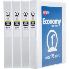Avery Economy View 3 Ring Binders, 1" Round Rings, 4 White Binders (19200)