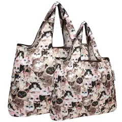 Wrapables Large & Small Foldable Tote Nylon Reusable Grocery Bags, Set of 2 Cuddly Kitties