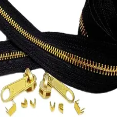 YKK 10 Yards Brass Chain Zipper Replacement Black - YKK #5 with 10 Fancy Long Pull Sliders 30 Top Stops 30 Bottom Stops to Create Your Own Stunning Zippers - 100% Made in USA (10 Yards)