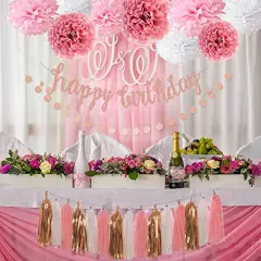 Rose Gold and Pink Birthday Party Decorations Set, Glittery Happy Birthday Banner, Tissue Paper Pom Poms, Circle Dots Garland, and Tassel Garland for Party Decor