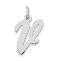14K White Gold Medium Script Initial Letter V Charm Jewerly 19mm x 10mm