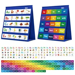 Desktop Pocket Chart, 120 Dry-Erase Double Sided Cards Includes 26 Letters with Images and 120 First Words, Self-Standing Tabletop Pocket Chart for Kids Teacher Classroom Home Use (13 X 12inch)