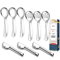 Stainless Steel Metal Serving Utensils - Large Set of 9-10" Serving Spoons, 10" Slotted Spoons, and 9" Serving Tongs by Teivio (Silver)
