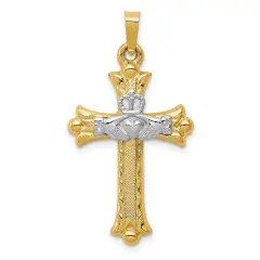 14K Two Tone Gold Claddagh Cross Pendant Charm Jewelry 34 X 18mm
