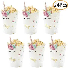 24Pcs Unicorn Birthday Party Supplies Unicorn Popcorn Box Snack Treat Box Candy Cookie Container For Baby Shower, Bridal Shower, Unicorn Theme Party Favors Decoration