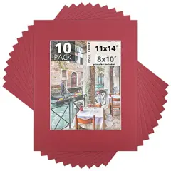 Pack of 10, 11x14 for 8x10 China Red Color Mats - Acid Free, 4-ply Thickness, White Core - for Pictures, Photos, Framing