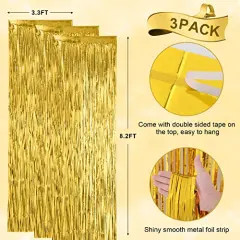 3 Pack 3.3x8.2 Feet Gold Foil Fringe Backdrop Curtains, Tinsel Streamers Birthday Party Decorations, Fringe Backdrop for Graduation, Baby Shower, Gender Reveal, Disco Party