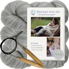 DIY Merino Wool Blanket Knitting Kit: Soft and Thick #7 Weight Jumbo Yarn, Knitting Needles and Pattern. Soft, Cozy, Great for Gifts Slate