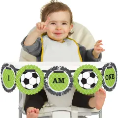 Big Dot of Happiness Goaaal - Soccer 1st Birthday Highchair Decor - I Am One - First Birthday High Chair Banner