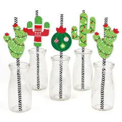 Big Dot of Happiness Merry Cactus - Paper Straw Decor - Christmas Cactus Party Striped Decorative Straws - Set of 24