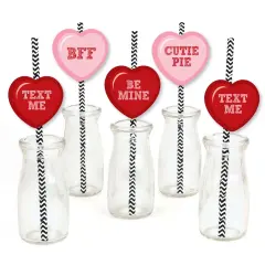 Big Dot of Happiness Conversation Hearts Paper Straw Decor - Valentine's Day Party Striped Decorative Straws - Set of 24