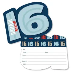 Big Dot of Happiness Boy 16th Birthday - Shaped Fill-In Invitations - Sweet Sixteen Birthday Party Invitation Cards with Envelopes - Set of 12