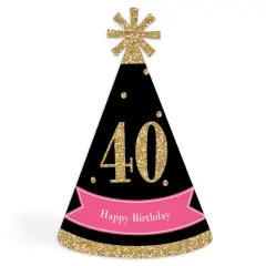 Big Dot of Happiness Chic 40th Birthday - Pink, Black and Gold - Cone Birthday Party Hats for Adults - Set of 8 (Standard Size)