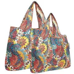 Wrapables Large & Small Foldable Tote Nylon Reusable Grocery Bags, Set of 2 Peacock
