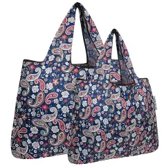 Wrapables Large & Small Foldable Tote Nylon Reusable Grocery Bags, Set of 2 Paisley Motif