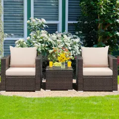 3 Pcs Patio Conversation Rattan Furniture Set with Cushion Beige