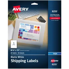 Avery White Shipping Labels, Permanent Adhesive, 8-1/2" x 11", 20 Labels (8255)