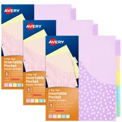 Avery Big Tab Dividers for 3 Ring Binders, 5-Tab Set, Plastic Binder Dividers with Pockets, Insertable Big Tabs, Pastel Classic Designs, Works With Sheet Protectors, 3 Sets (11255)