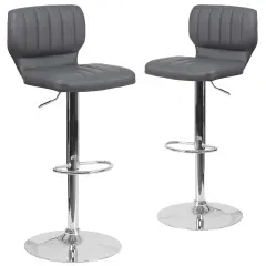 Merrick Lane Set of Two Swivel Bar Stools with Vertical Stitched Back and Adjustable Chrome Base with Footrest Gray Vinyl