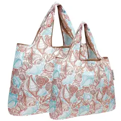 Wrapables Large & Small Foldable Tote Nylon Reusable Grocery Bags, Set of 2 Seashells