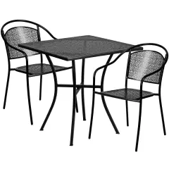 Emma and Oliver Commercial Grade 28" Square Metal Patio Table Set with 2 Round Back Chairs Black