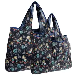 Wrapables Large & Small Foldable Tote Nylon Reusable Grocery Bags, Set of 2 Deco Owls