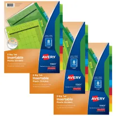 Avery Dividers for 3 Ring Binders, 8-Tab Binder Dividers, Plastic Binder Dividers, Insertable Big Tab, Multicolor, 3 Sets (71901)