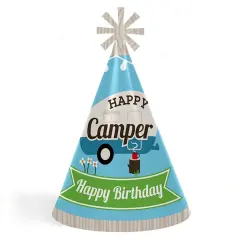 Big Dot of Happiness Happy Camper - Cone Camping Happy Birthday Party Hats for Kids and Adults - Set of 8 (Standard Size)