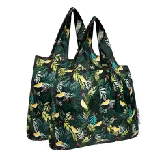 Wrapables Medium Foldable Tote Nylon Reusable Grocery Bag (Set of 2), Birds in Ferns