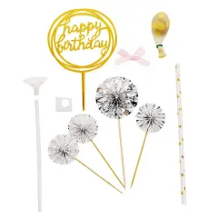 Happy Birthday Cake Topper Set with Paper Fans and Confetti Balloon Decorations Gold & silver