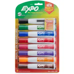 Magnetic Dry Erase Markers with Eraser, Chisel Tip, Assorted Colors, 8-Count