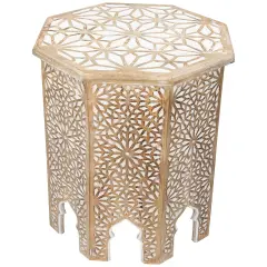 Northlight 24" Antique Brushed White Carved Octagonal Side Table