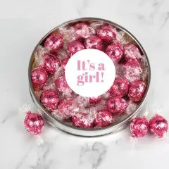It's a Girl Baby Shower Candy Gift Tin with Chocolate Lindor Truffles by Lindt Large Plastic Tin with Sticker - By Just Candy