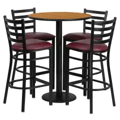 Emma and Oliver 30" Round Laminate Table Set with 4 Ladder Back Metal Stools Natural/BurgundyVYL