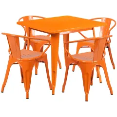 Emma and Oliver Commercial Grade 31.5" Square Metal Indoor-Outdoor Table Set with 4 Arm Chairs Orange