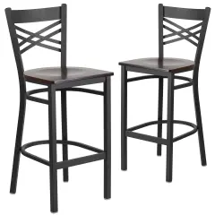 Emma and Oliver 2 Pack "X" Back Metal Restaurant Barstool Walnut/BlackMetal