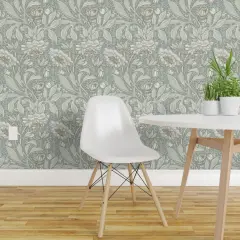Pre-Pasted Wallpaper 2FT Wide Pale Green Antique Victorian Sage Hellebore Arts And Crafts Floral Neutral Art Nouveau Large Scale Damask Botanical Custom Pre-pasted Wallpaper by Spoonflower