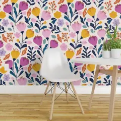 Peel & Stick Wallpaper 2FT Wide Crocus Bloom Whimsical Floral Modern Garden Botanical Purple Yellow Large Scale Custom Removable Wallpaper by Spoonflower