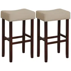 2 Set of 29 Inch Height Upholstered Bar Stool with Solid Rubber Wood Legs and Footrest Beige