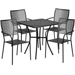Emma and Oliver Commercial Grade 28" Square Metal Garden Patio Table Set w/ 4 Square Back Chairs Black