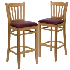 Emma and Oliver 2 Pack Vertical Slat Back Wooden Restaurant Barstool BurgundyVYL/Natural